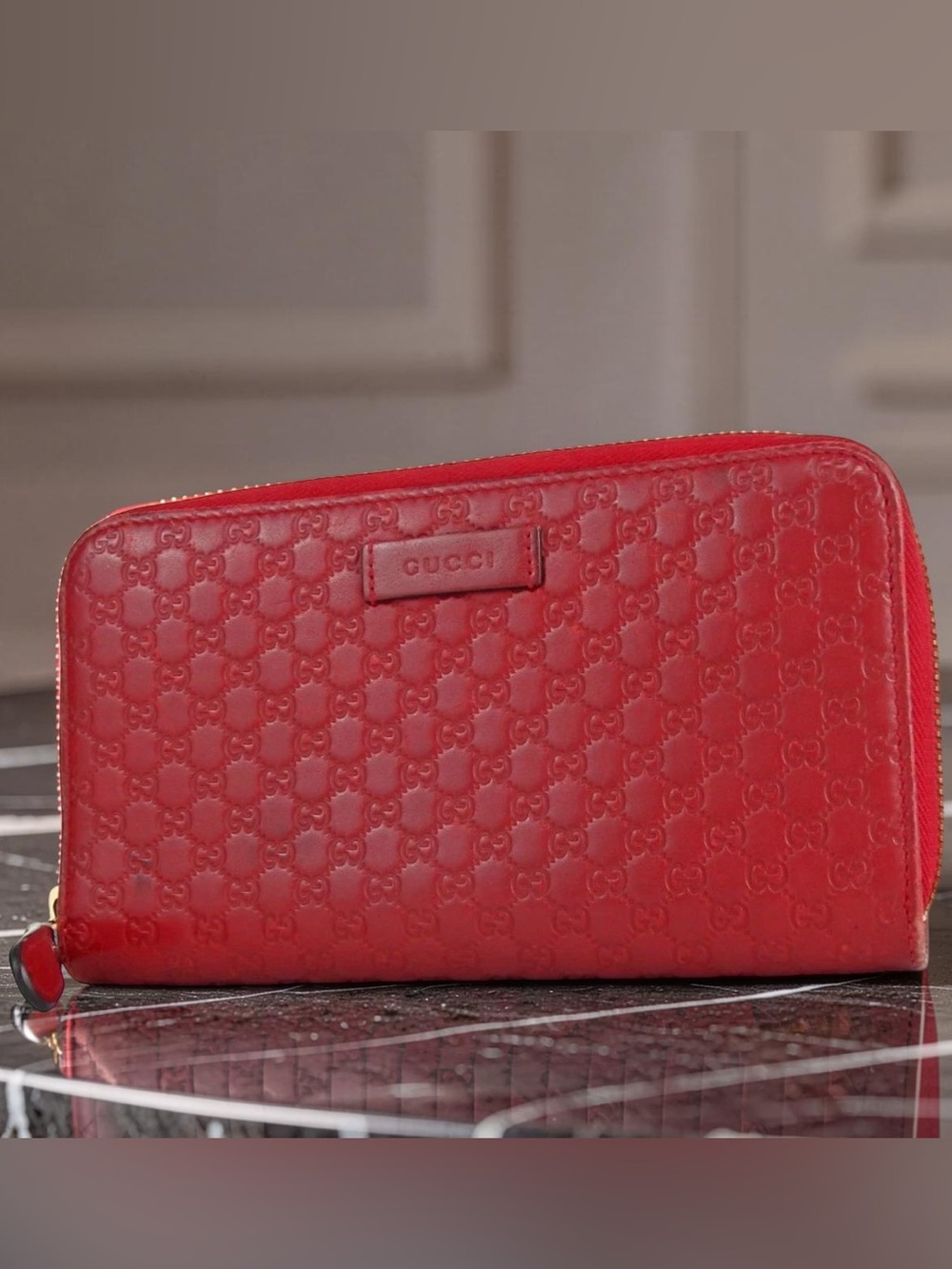 GUCCI Guccissima Leather Zip Around Wallet- Red ❤️